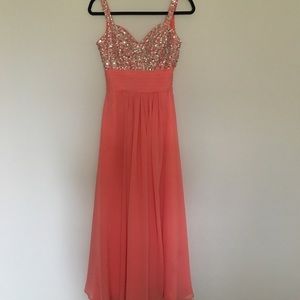 Coral pink rhinestone prom dress